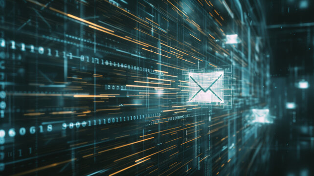 Digital envelope icon pulses amidst glowing data streams on a cyber network.