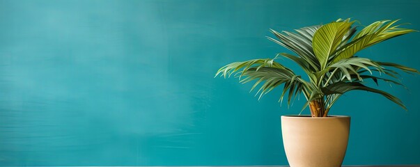 Potted plant on table in front of turquoise wall, in the style of minimalist backgrounds, exotic - obrazy, fototapety, plakaty