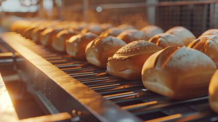 Freshly baked golden buns cooling on a conveyor belt in a bakery.