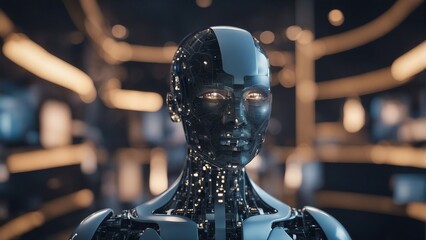 Generative AI. Data analytics. Machine learning. Decentralized ledger. Cryptographic. Block chain. Robots working with humans hands in hands. Science Fiction. Implementing AI into system.