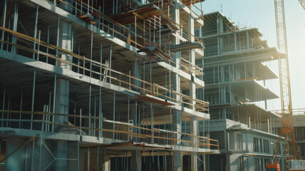 Sunlit construction site showcasing the skeletal framework of a rising urban development.
