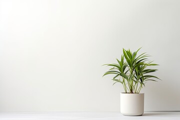 Potted plant on table in front of white wall, in the style of minimalist backgrounds, exotic - obrazy, fototapety, plakaty