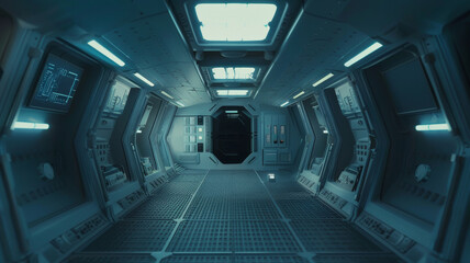 A futuristic spaceship corridor, illuminated by neon, beckons with its sterile mystery.