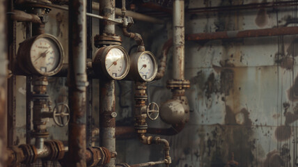 Time-worn industrial pipes and gauges with a touch of steampunk aesthetic.
