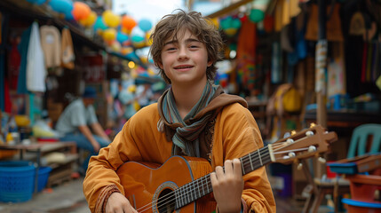 Obraz na płótnie Canvas Smiling young musician playing acoustic guitar in a colorful street market setting.