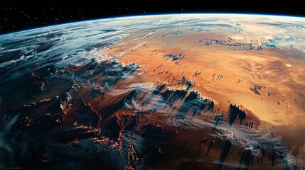 This astonishing view showcases the planet Earth from space in stunning detail, highlighting its mesmerizing colors and recognizable landmasses. The vast oceans, swirling cloud formations, and - obrazy, fototapety, plakaty