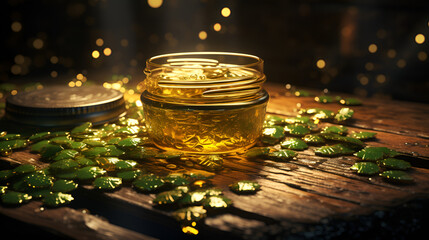 The image showcases a glass jar filled with rich, golden honey, with a wooden honey dipper resting on top, allowing a viscous stream of honey to drizzle down. 