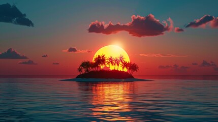 The sun sets over a small island surrounded by palm trees. The vibrant colors of the sky reflect on the calm sea, creating a tranquil scene.