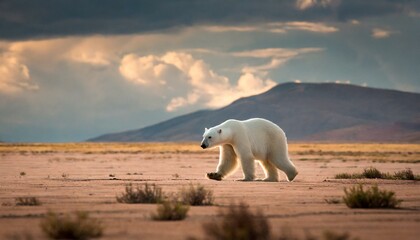 a polar bear walking in a dried up desert, climate change, global warming awareness