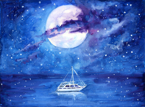 Watercolor illustration of a white yacht on a blue sea against the backdrop of a starry night sky and a bright moon (This illustration was drawn by hand without the use of generative AI!)