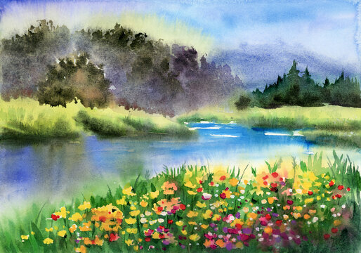 Watercolor illustration of a landscape with a river with green banks, trees and a clearing of colorful wildflowers  (This illustration was created without the use of artificial intelligence!)

