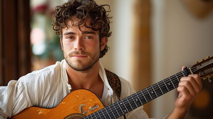 Portrait of a young man with curly hair playing an acoustic guitar, expressing creativity and passion for music.