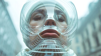 Close-up portrait of a woman with her face artistically distorted by layers of transparent material, creating a surreal effect.