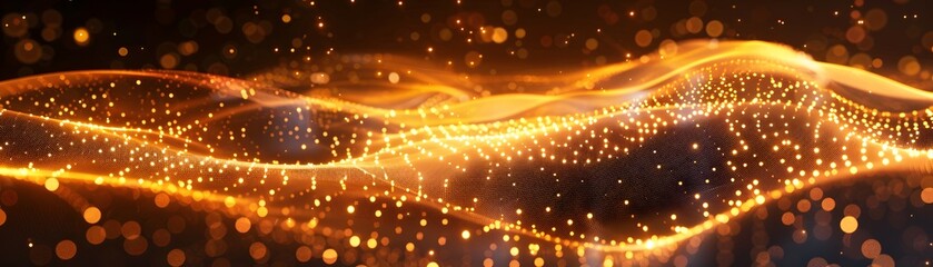Obraz premium Creating a dynamic and futuristic abstract background, a digital illustration depicts glowing golden particle waves in motion.