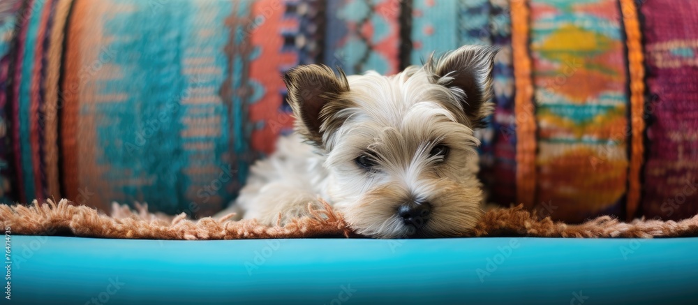 Poster A relaxed dog is lying on a couch next to a colorful pillow