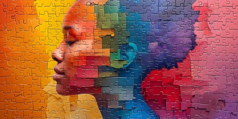 A puzzle of a fictional girl celebrating Disability Pride Month creatively. Concept Disability Pride, Girl Portrait, Puzzle Design, Creativity, Inclusivity - obrazy, fototapety, plakaty