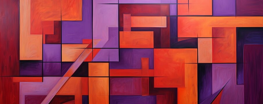 Purple and red painting, in the style of orange and beige, luxurious geometry, puzzle-like pieces