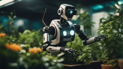 Generative AI. AI in Daily Life: Enhancing Everyday Experiences with Smart Technology. Empowering Humanity: AI Everyday Impact Unveiled in Captivating Imagery. Robot helping in gardening. taking care.