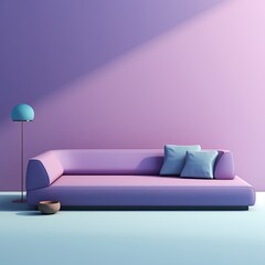 Fototapeta na wymiar Purple l shaped couch isolated on blue wallpaper, in the style of light pink and light green