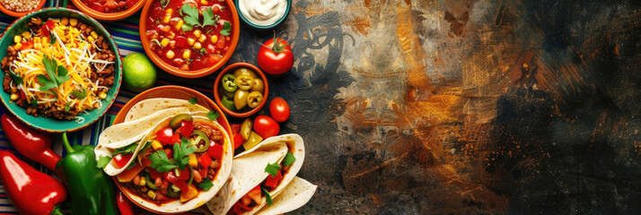 Obraz na płótnie Canvas horizontal banner, Mexican independence day, Mexican cuisine, traditional Mexican dishes, copy space, free space for text, dark background