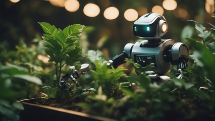 Generative AI. AI in Daily Life: Enhancing Everyday Experiences with Smart Technology. Empowering Humanity: AI Everyday Impact Unveiled in Captivating Imagery. Robot helping in gardening. taking care.