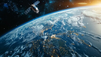 Obraz premium A satellite is shown flying above the Earth during the nighttime, capturing the planets illuminated cities and natural features from space.