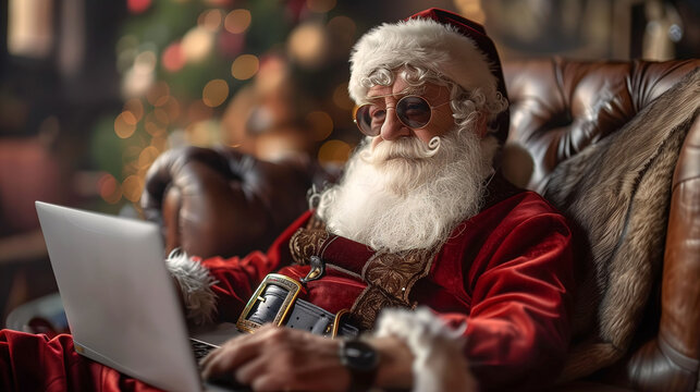 Santa Claus using a laptop with a festive background, embodying holiday multitasking.