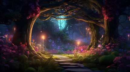Fantasy fairy tale forest with magical tree background wallpaper