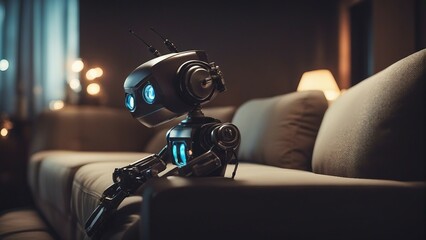 Generative AI. AI in Daily Life: Enhancing Everyday Experiences with Smart Technology. Empowering Humanity: AI Everyday Impact Unveiled in Captivating Imagery. Robot sitting on comfortable couch.