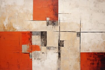 Red and red painting, in the style of orange and beige, luxurious geometry, puzzle-like pieces