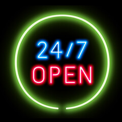 Open 24/7 text neon sign. Realistic illuminated neon signboard illustration