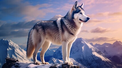 a dog standing on a rock in front of snowy mountains - Powered by Adobe