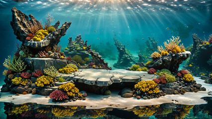 Coral Reef Ocean Display Background, underwater stone stand, seaweed rock product platform, sea scene, underwater podium, stone pedestal, water, nature, ocean, ad, podium platform, product promo