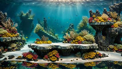 Obraz na płótnie Canvas Coral Reef Ocean Display Background, underwater stone stand, seaweed rock product platform, sea scene, underwater podium, stone pedestal, water, nature, ocean, ad, podium platform, product promo