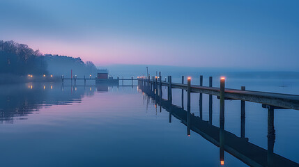 Fototapeta na wymiar A calm lake, with a quaint wooden pier as the background, during a serene twilight