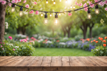 Wooden tabletop with glowing hanging lightbulbs and blurred green garden background