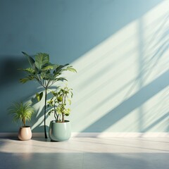 Room with wall, floor and plants, in the style of backlight, photo-realistic, ceramic