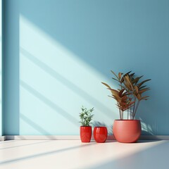 Room with yellow wall, floor and plants, in the style of backlight, photo-realistic