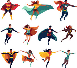 Dynamic Superheroes Soaring High in Diverse and Colorful Costumes