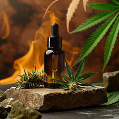 A mockup of an oil bottle surrounded by cannabis leaves