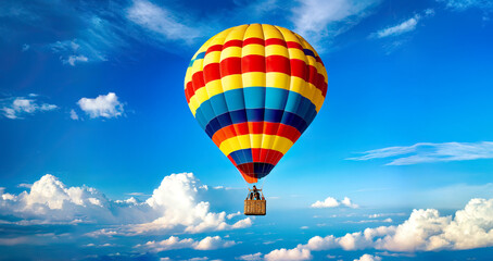Fototapeta premium Multicolored hot air balloon on background of bright blue cloudy sky.