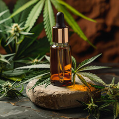 A mockup of an oil bottle surrounded by cannabis leaves   Background 
