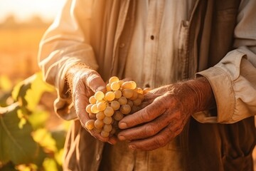 Farmers hands harvesting ripe grapes at sunrise, symbolizing abundant harvest and farming labor - obrazy, fototapety, plakaty