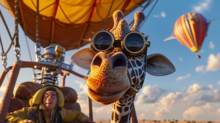 A giraffe wearing goggles stands next to a brightly colored hot air balloon in a grassy field. The giraffe appears curious, peering at the balloon. The setting suggests a playful and whimsical scene