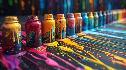 Row of colorful paint bottles with vibrant drips on a canvas, showcasing a creative and artistic...