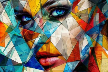 Creative Mosaic Portrait of Beautiful Woman with Colorful Geometric Shapes, Modern Fashion Digital Art Illustration