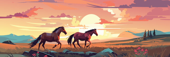 Rural landscape with grazing horses with green meadows in background, warm evening vector panorama