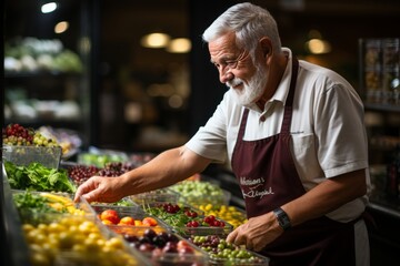 Elderly man shopping for fruits and vegetables, healthy eating and longevity concept.