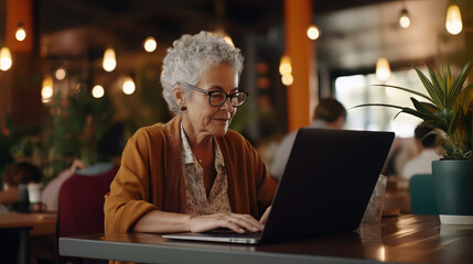 An elderly woman in a cafe using a laptop