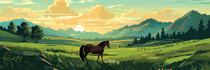 Rural landscape with grazing horses with green meadows in background, warm evening vector panorama